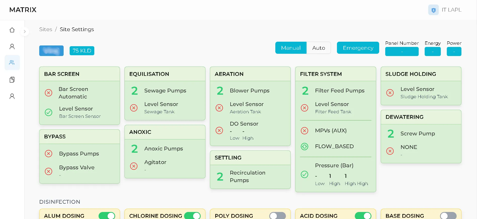 Plant settings dashboard with manual/auto controls and dosing toggles